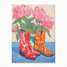 A Painting Of Cowboy Boots With Pink Flowers, Fauvist Style, Still Life 3 Canvas Print