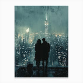 Night In New York City, Romantic Monochrome Charcoal style Canvas Print