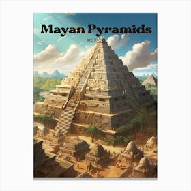 Mayan Pyramids Mexico Ancient Landmark Travel Illustration Canvas Print