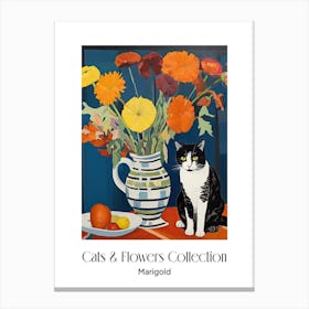 Cats & Flowers Collection Marigold Flower Vase And A Cat, A Painting In The Style Of Matisse 3 Canvas Print