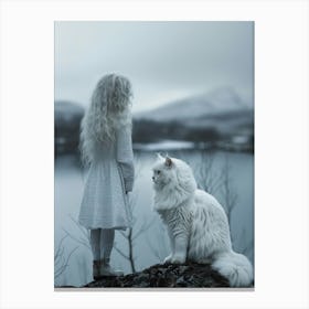 White Cat And Little Girl Canvas Print