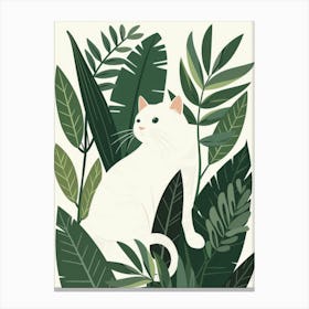 White Cat In Green Leaves Canvas Print