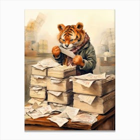 Tiger Illustration Collecting Stamps Watercolour 4 Canvas Print