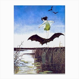 The Witch's sister on Her Black Bat - Ida Rentoul Outhwaite 1921 - Fairy Bat Girl - Witchy Fairytale Witchcore Cottagecore Fairycore Spooky Remastered Art Deco Vintage Illustration Australian Canvas Print