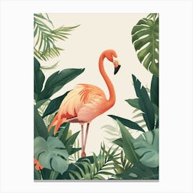 Lesser Flamingo And Philodendrons Minimalist Illustration 2 Canvas Print