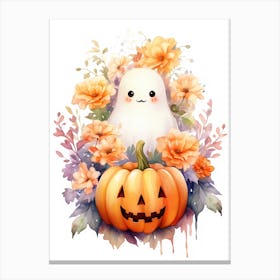 Cute Ghost With Pumpkins Halloween Watercolour 156 Canvas Print
