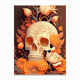Skull With Intricate Linework Orange Vintage Floral Canvas Print