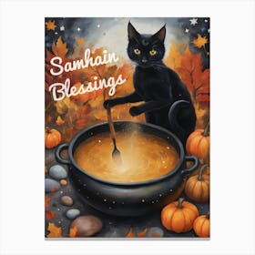 Samhain Blessings ~ Black Cat Stirring Pumpkin Soup on Halloween by Sarah Valentine Canvas Print