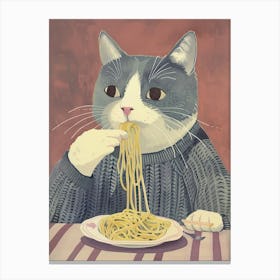 Grey White Cat Eating Pasta Folk Illustration 3 Canvas Print