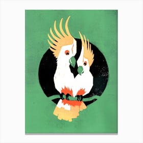 Two Cockatoos In Love Green Canvas Print