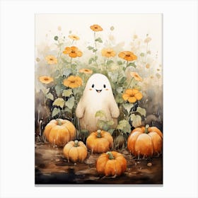 Cute Bedsheet Ghost, Botanical Halloween Watercolour 54 Canvas Print