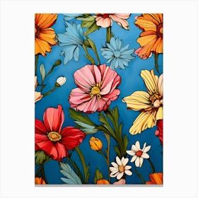 Colorful Flowers On Blue Background Canvas Print