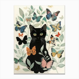 Cat Print Vintage Butterfly Illustration Black Cat Funny Canvas Print