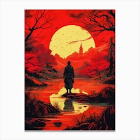 Japan Warrior Samurai Sunset Painting Canvas Print