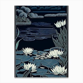 Water Lily Pond Landscapes Waterscape Linocut 2 Canvas Print