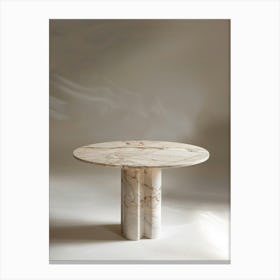 Marble Table, Circular Top With A Small Relief Pattern On The Edge Of The Tabletop, Cream Colored Marble, High End Feel, Minimalist Style, Standing In Front Of It Is An Ailin Meite Logo In The Style Of Product Photography, Front View Canvas Print