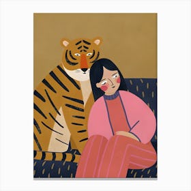 Tiger And Girl on Sofa Canvas Print