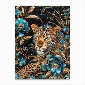 Leopard With Blue Flowers Canvas Print