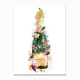 Brut Champagne Bottle With Butterfly And Pretty Flowers, Green, Gold, Yellow Canvas Print