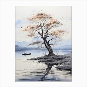 Lake Biwa In Shiga, Japanese Brush Painting, Ukiyo E, Minimal 4 Canvas Print