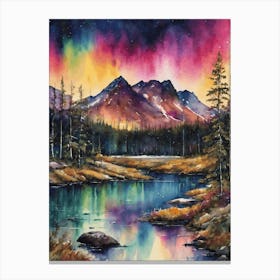 The Northern Lights - Aurora Borealis Rainbow Winter Snow Scene of Lapland Iceland Finland Norway Sweden Forest Lake Watercolor Beautiful Celestial Artwork for Home Gallery Wall Magical Etheral Dreamy Traditional Christmas Greeting Card Painting of Heavenly Fairylights 12 Canvas Print