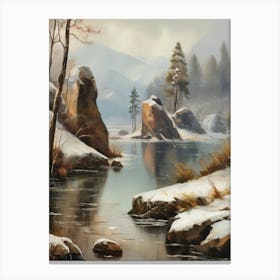 Ancient landscapes, old winter oil paintings and rocks around the lake bank. Snow is falling on the lake, old colors.5 1 Canvas Print