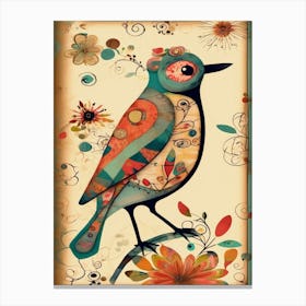 Whimsical Bird On A Branch, Colorful Highlights Canvas Print