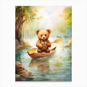 Canoeing Teddy Bear Painting Watercolour 2 Canvas Print