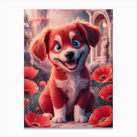 Puppy In The Poppy Field Canvas Print