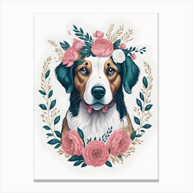 Cyte Dog Portrait Pink Flowers Painting (6) Canvas Print