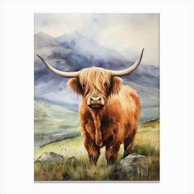 Mountaneous Background Behind Highland Cow Canvas Print