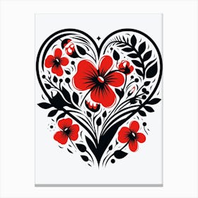 Simple Black & Red Heart With Poppies Canvas Print