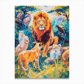 Masai Lion Interaction With Other Wildlife Fauvist Painting 3 Canvas Print
