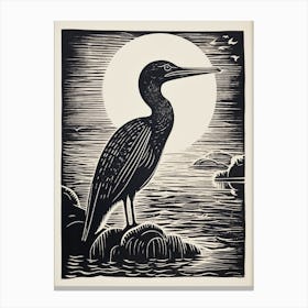 B&W Bird Linocut Cormorant 3 Canvas Print