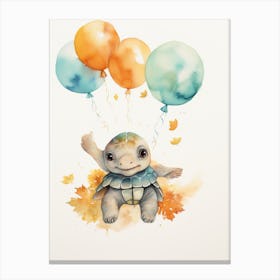 Turtle Flying With Autumn Fall Pumpkins And Balloons Watercolour Nursery 4 Canvas Print