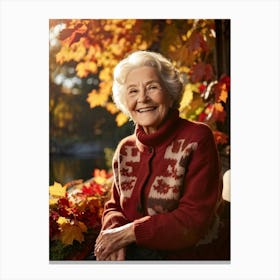 Elderly Woman Smiles Surrounded By A Vibrant Array Of Fall Foliage Golden And Crimson Leaves Frame (3) Canvas Print