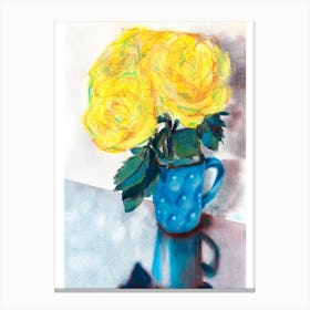 Yellow Roses In A Blue Vase Canvas Print