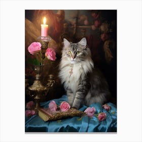 Rococo Style Painting Of A Cat With A Candle 2 Canvas Print