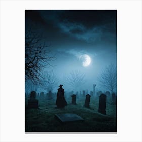 Halloween Themed Digital Painting Mist Weaving Through An Ancient Cemetery Under A Clouded Moonlit (4) Canvas Print