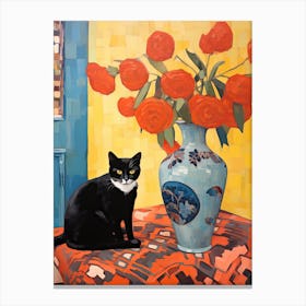 Pansy Flower Vase And A Cat, A Painting In The Style Of Matisse 0 Canvas Print