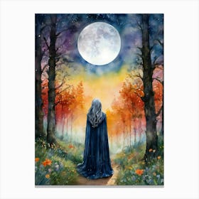 Wise Woman of the Moon - Witchy Watercolor Art by Lyra the Lavender Witch - Beautiful Crone Witch Lady Communing With the Lunar Goddess - Witches Pagan Wicca Gallery Feature Wall Artwork for Wheel of the Year Triple Goddess Maiden Mother Crone HD Canvas Print
