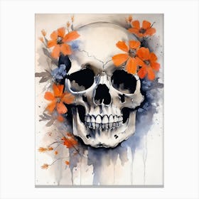 Abstract Skull Orange Flowers Painting (26) Canvas Print