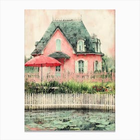 Pink Cottage By The Pond Canvas Print