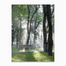 Sunny Park, Bench, Trees, Oil Painting Canvas Print