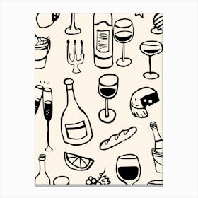 Wine & Cheese Night Hand-Drawn Illustration Print Canvas Print