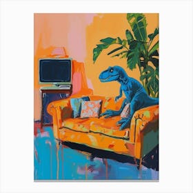 Dinosaur Watching Tv Blue Green Orange 2 Canvas Print