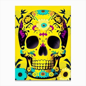 Skull With Floral Patterns Yellow Pop Art Canvas Print