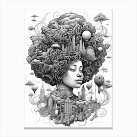 Afro City Pencil Drawing Black And White Canvas Print