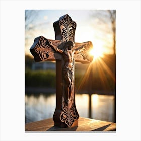 An Intricately Carved Wooden Cross Representing Faith Its Silhouette Beautifully Etched Against Thi (1) Canvas Print