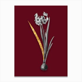 Vintage Daffodil Black and White Gold Leaf Floral Art on Burgundy Red n.0771 Canvas Print